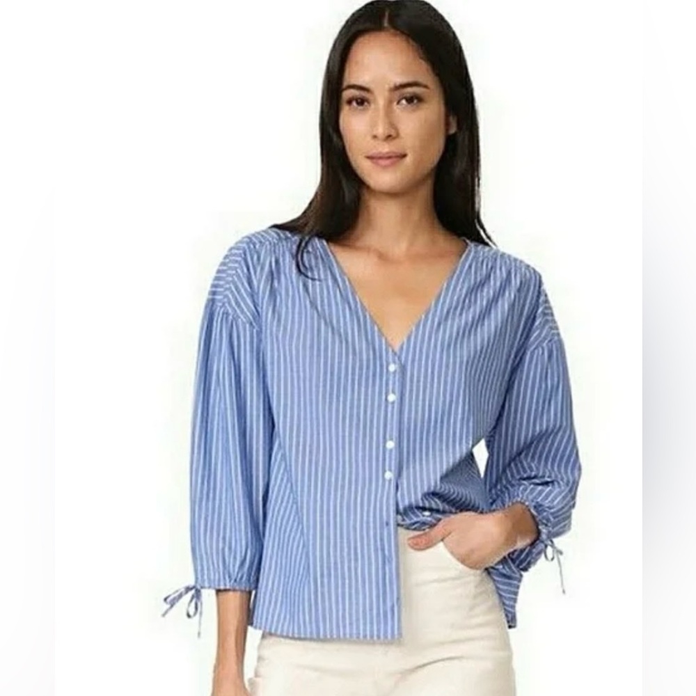 Madewell Blue Striped Morningside Tie-Sleeves Shirt S